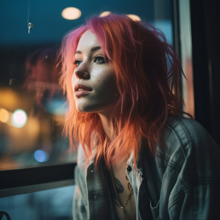 a woman with pink hair looking out the windowの素材