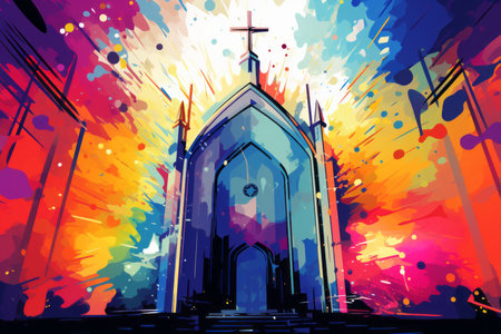 an artistic painting of a church with colorful paint splattersの素材