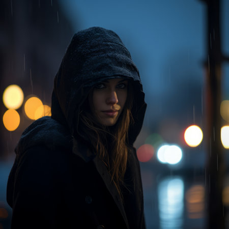 a woman wearing a hooded coat on a rainy nightの素材