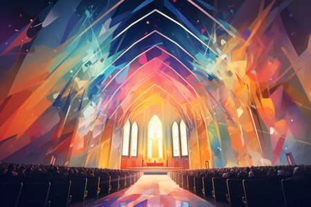 an artistic painting of a church with colorful lightsの素材