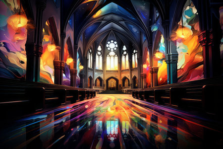 an artistic painting of a church with colorful lightsの素材