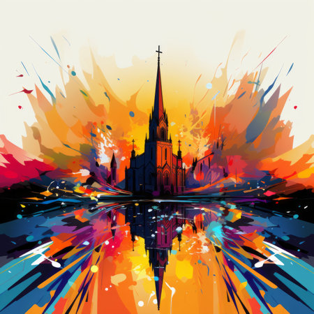 an abstract painting of a church on a sunny dayの素材