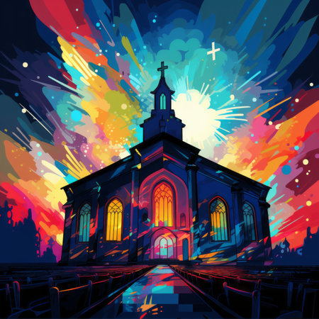 an artistic painting of a church with colorful paintの素材