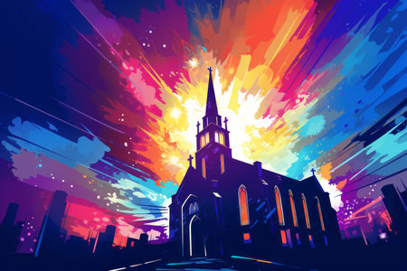 an abstract painting of a church with bright colorsの素材