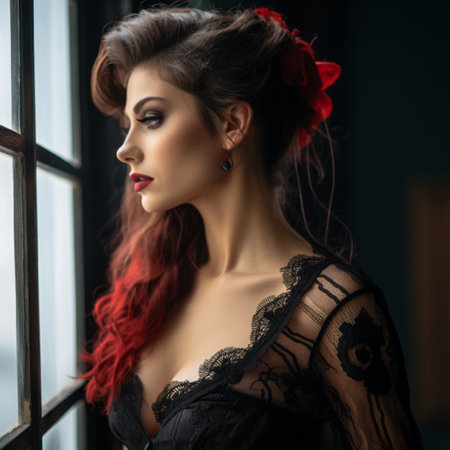 beautiful woman with red hair and black dress looking out the windowの素材
