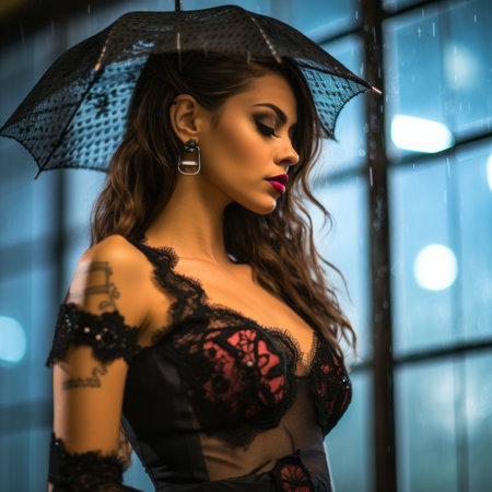 beautiful woman in black lingerie with an umbrella in the rainの素材