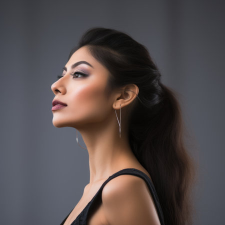 portrait of a beautiful young woman with long hair and earringsの素材