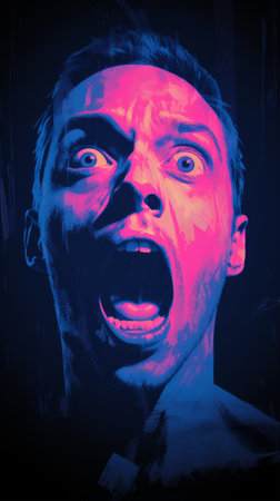 a man with his mouth wide open in front of a blue and pink backgroundの素材