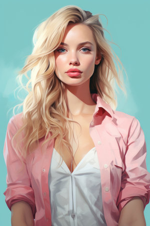 a painting of a beautiful blonde woman in a pink shirtの素材