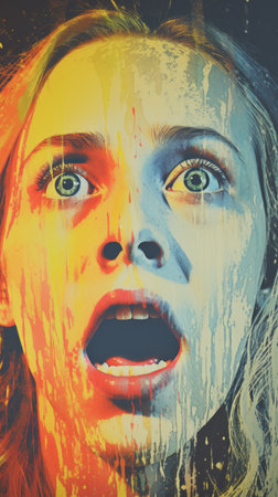 a movie poster with a woman with her mouth open and eyes wide openの素材
