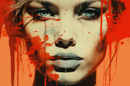 a painting of a woman with blood splatters on her faceの素材