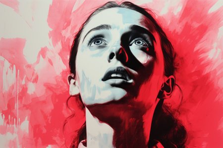 a painting of a woman looking up with a red backgroundの素材
