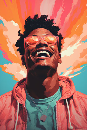 a painting of a man with sunglasses and a smile on his faceの素材