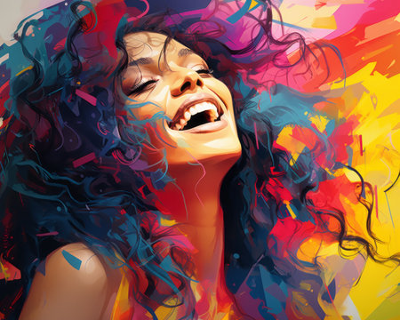 a painting of a woman with colorful hairの素材