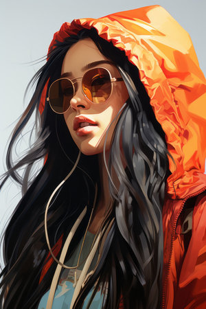 a painting of a woman wearing sunglasses and an orange jacketの素材