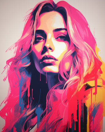a painting of a woman with bright pink hairの素材