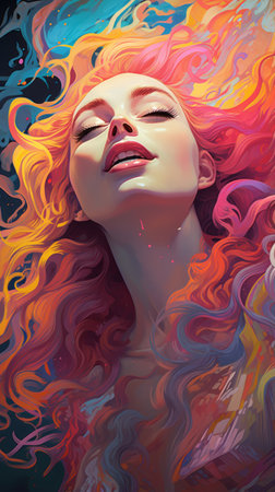 a painting of a woman with colorful hairの素材
