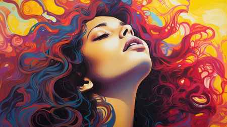 a painting of a woman with colorful hairの素材