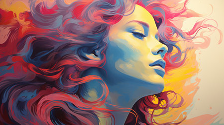 a painting of a woman with colorful hairの素材