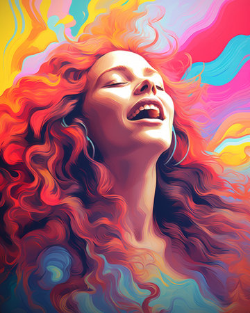 a painting of a woman with bright red hairの素材