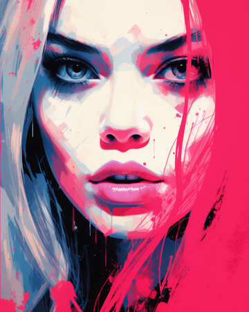 a painting of a woman with pink and blue paint splatters on her faceの素材
