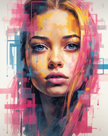 a painting of a woman with pink hair and blue eyesの素材