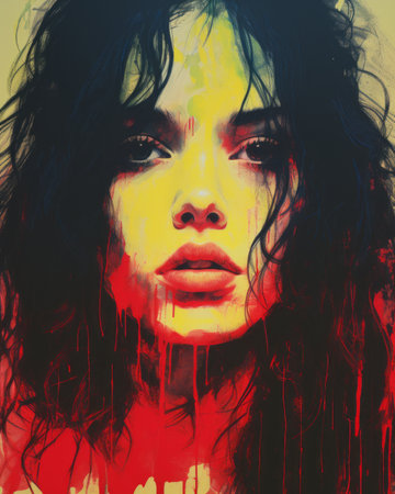 a painting of a woman with red and yellow paint on her faceの素材