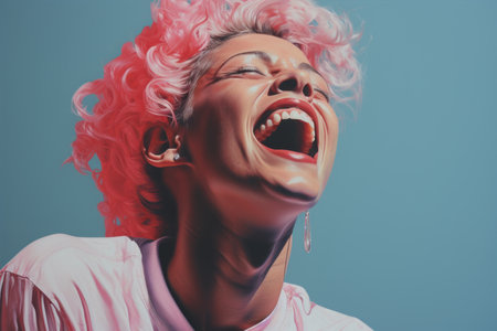 a painting of a woman with pink hair laughingの素材