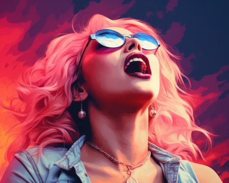 a painting of a woman with pink hair and sunglassesの素材