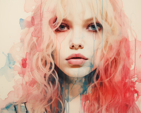 a painting of a woman with pink and blue hairの素材
