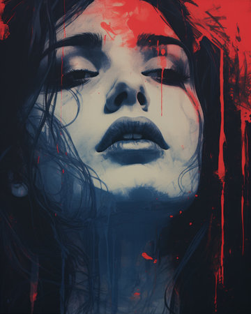 a painting of a woman with red and blue paint on her faceの素材