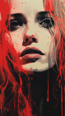 a painting of a woman with red paint on her faceの素材