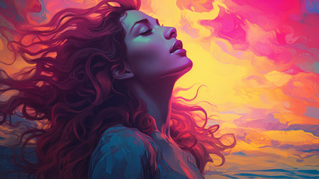 a painting of a woman with long red hair in front of a colorful skyの素材