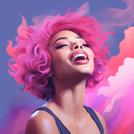 a painting of a woman with pink hairの素材