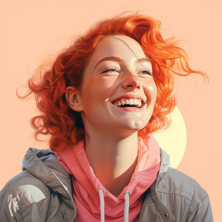 a painting of a woman with red hair smilingの素材