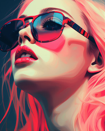 a painting of a woman with pink hair and sunglassesの素材