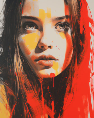 a painting of a woman with red paint on her faceの素材