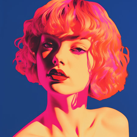 a painting of a woman with pink hairの素材