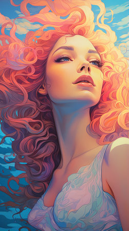 a painting of a woman with pink hair under waterの素材