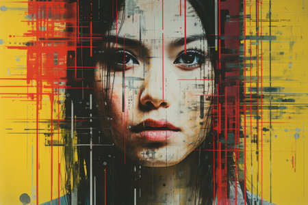 a painting of a woman with red yellow and black paint on her faceの素材