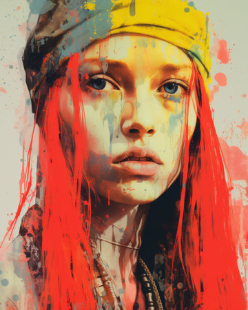 a painting of a woman with red hair and a turbanの素材