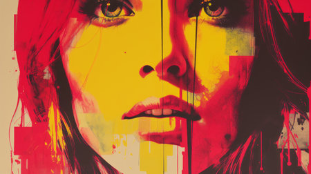 a painting of a woman with red and yellow paint splatters on her faceの素材