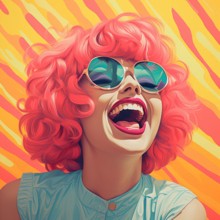 a painting of a woman with pink hair and sunglassesの素材