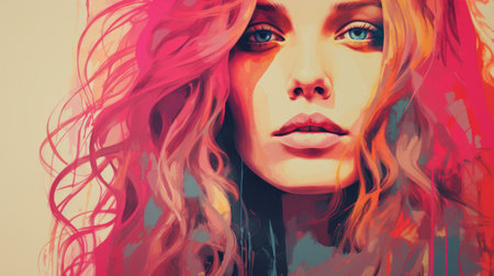 a painting of a woman with pink hair and blue eyesの素材