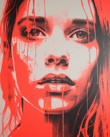 a painting of a woman with red paint on her faceの素材