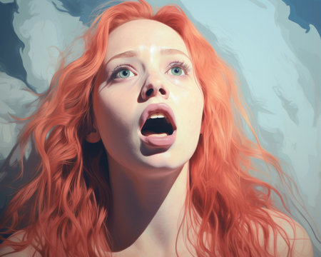 a painting of a woman with red hair and an open mouthの素材