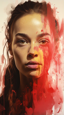 a painting of a woman with red paint on her faceの素材