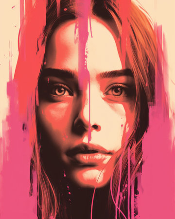a painting of a woman with pink paint on her faceの素材