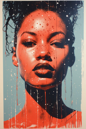 a painting of a woman with red paint on her faceの素材