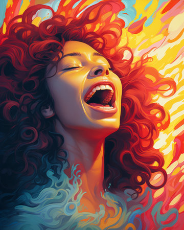 a painting of a woman with red curly hairの素材